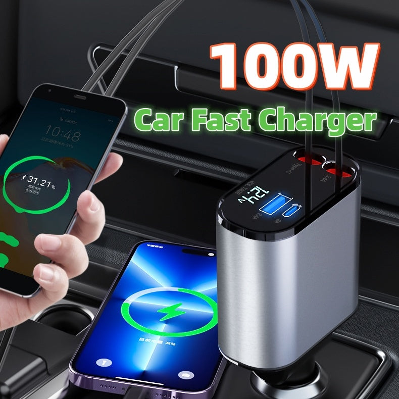 100W Metal Car Charger with USB & Type-C Adapter